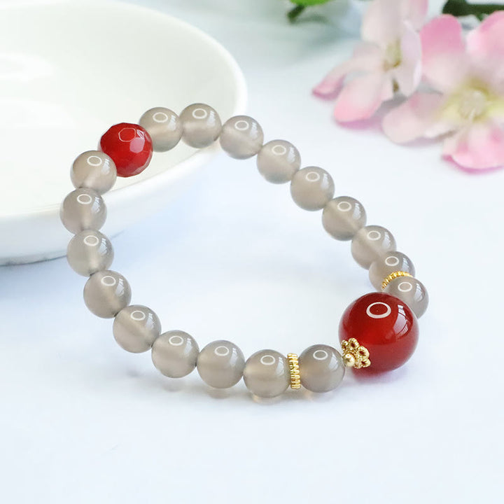 Buddha Stones Natural Gray Chalcedony Red Agate Harmony Bracelet