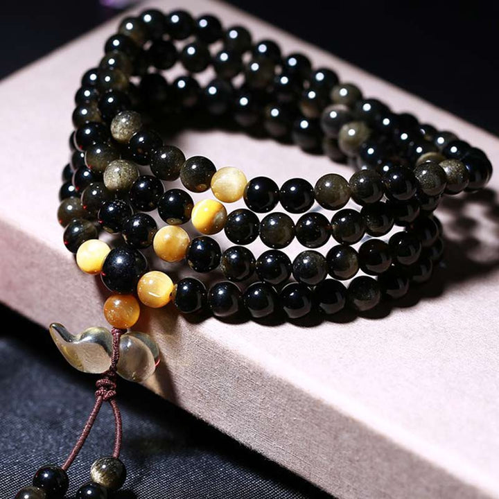 Natural Ice Obsidian Tiger Eye Gourd Bracelet Mala