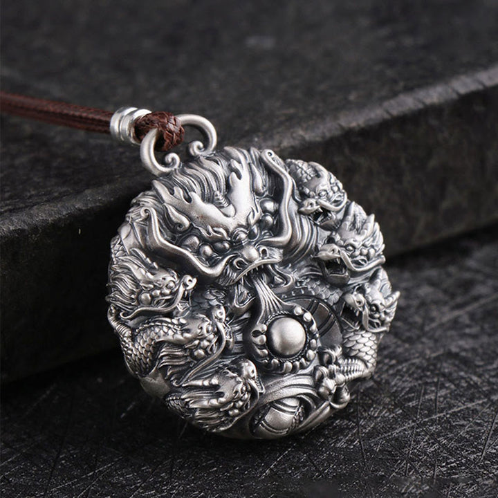 Buddha Stones 999 Sterling Silver Nine Dragons Playing With A Pearl Luck Protection Necklace Pendant