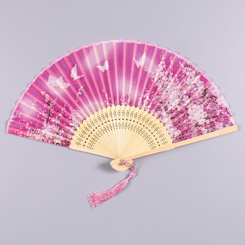 Buddha Stones Butterfly Flowers Handheld Bamboo Folding Fan