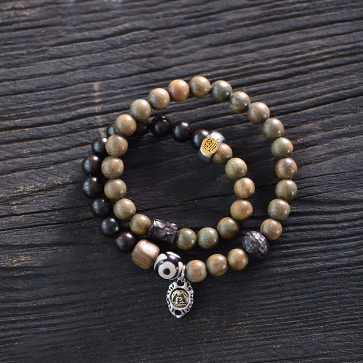 Buddha Stones Tibetan Green Sandalwood Ebony Wood Three-eyed Dzi Bead Fu Character Balance Peace Double Wrap Bracelet