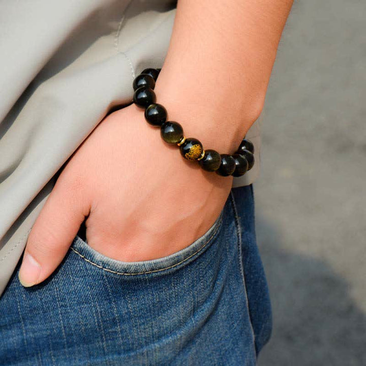 Chinese Zodiac Natal Buddha Gold Sheen Obsidian Wealth Protection Bracelet