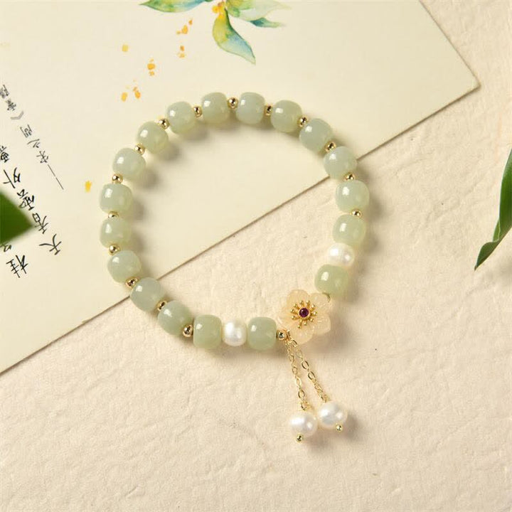 Hetian Jade Flower Pearl Happiness Abundance Bracelet