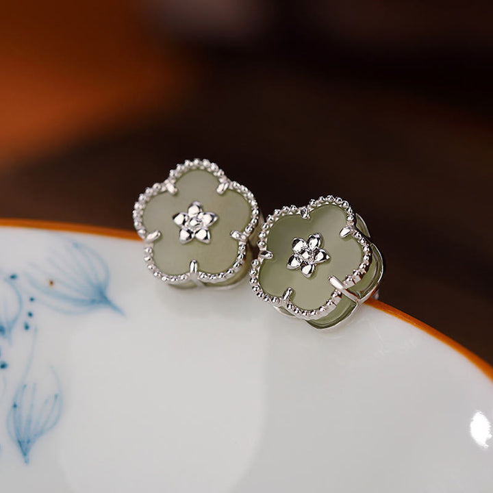 Buddha Stones 925 Sterling Silver Hetian Jade Plum Flower Luck Stud Earrings