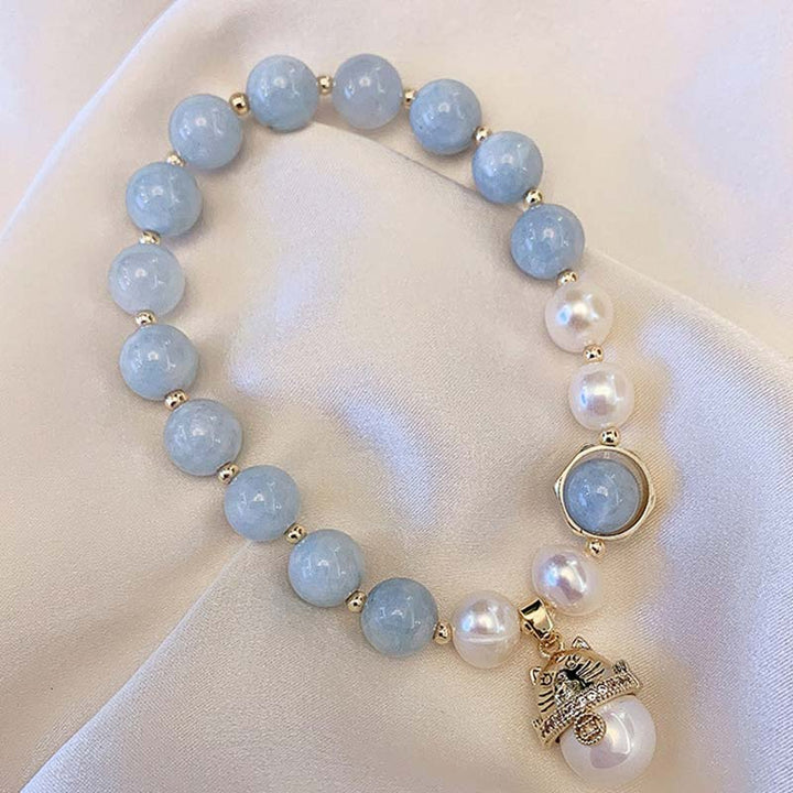 Buddha Stones Aquamarine Pearl Peace Healing Lucky Cat Charm Bracelet