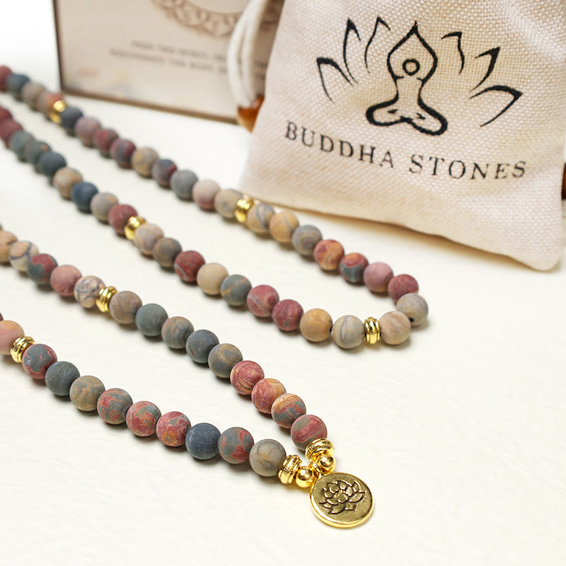 Buddha Stones 108 Mala Beads Picasso Jasper Stone Courage Energy Bracelet