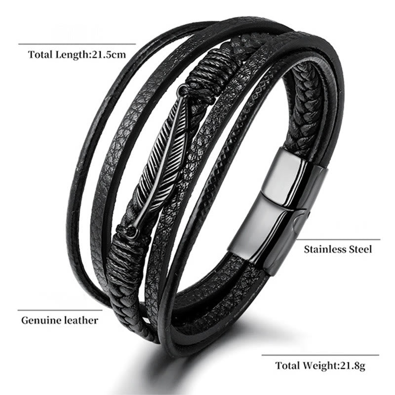 Buddha Stones Feather Pattern Multilayer Leather Titanium Steel Calm Braided Magnetic Buckle Bracelet