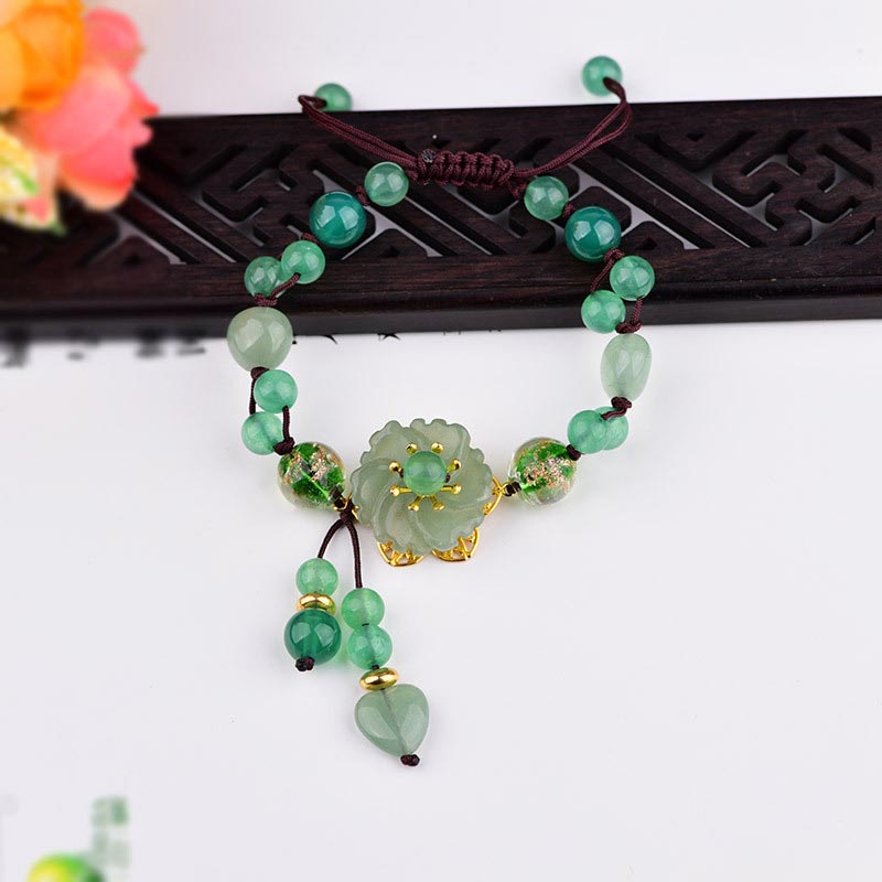 Buddha Stones Natural Green Jade Luck Dangling Flower Bracelet