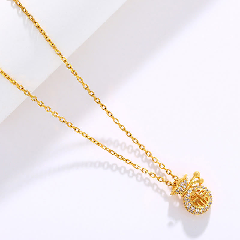 24K Gold Plated Fu Character Fortune Money Bag Necklace Pendant