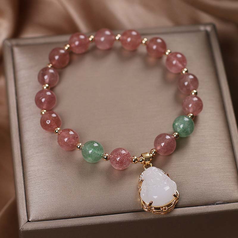 Buddha Stones Natural Strawberry Quartz Jade Protection Healing Bracelet