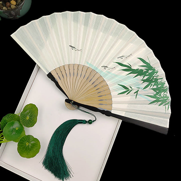 Buddha Stones Bamboo Koi Fish Crane Handheld Cotton Linen Folding Fan