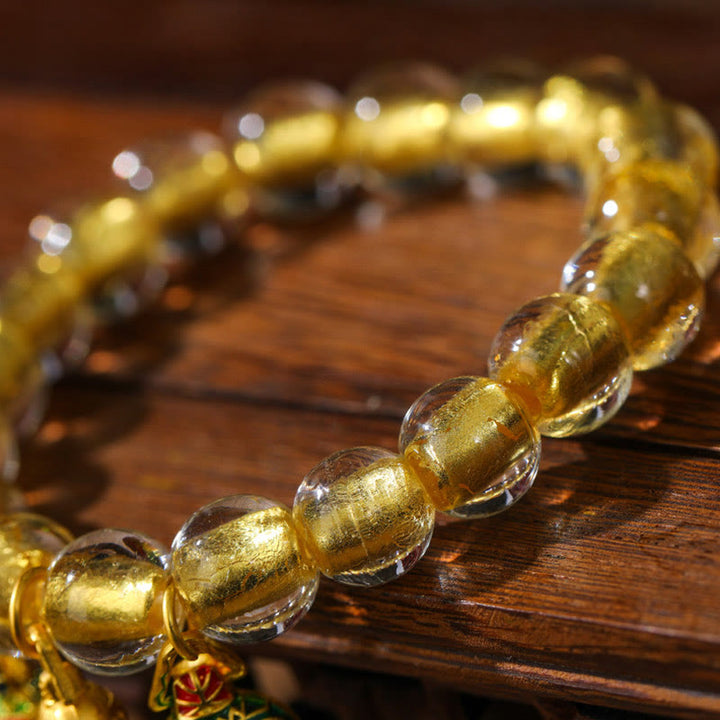 Buddha Stones Gold Swallowing Beast Family Charm Gold Foil Liuli Glass Bead Fortune Bracelet