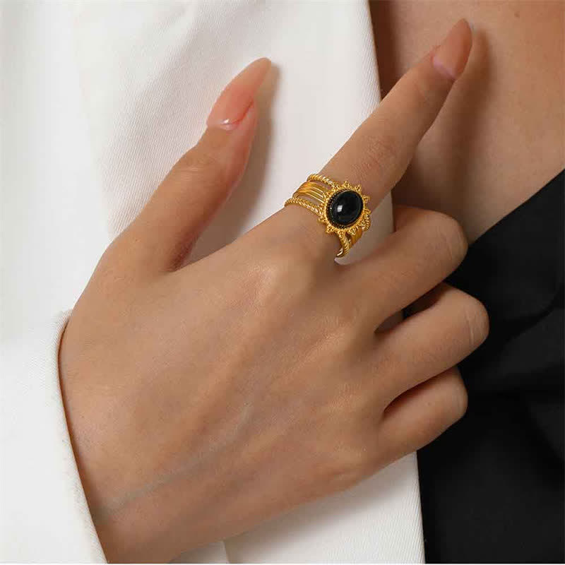 Buddha Stones 18K Gold Plated Black Obsidian Titanium Steel Strength Ring