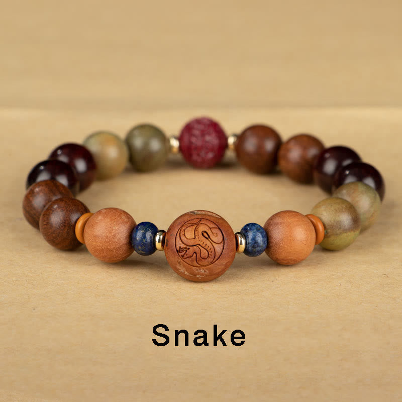 Buddha Stones Chinese Zodiac Natural Green Sandalwood Protection Bracelet