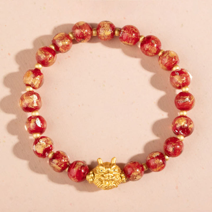 Buddha Stones Year of the Dragon Gold Foil Liuli Glass Bead Luck Bracelet