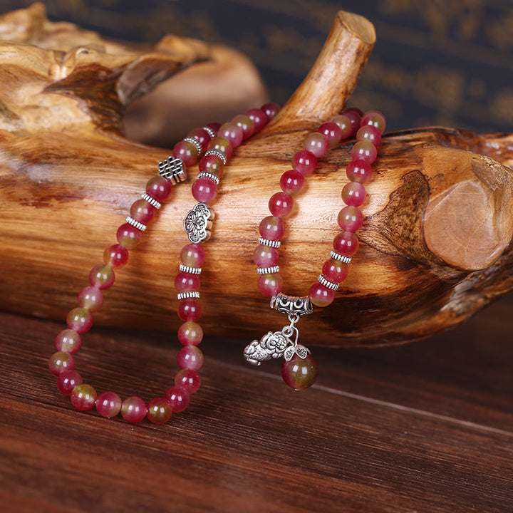 Buddha Stones Natural Watermelon Tourmaline PiXiu Elephant Positive Triple Wrap Bracelet