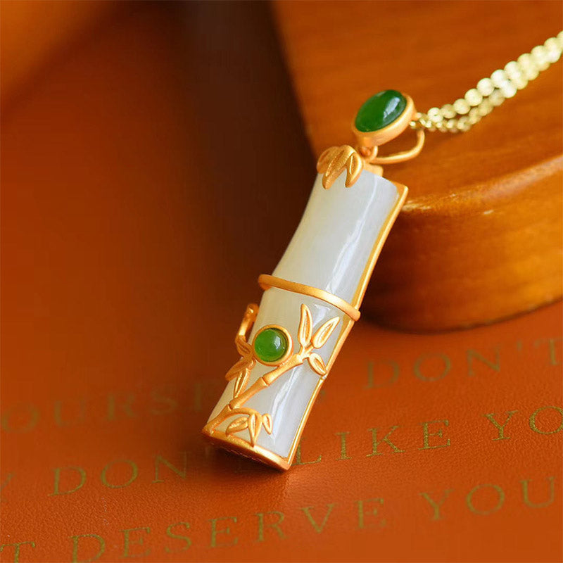 Buddha Stones White Jade Cyan Jade Bamboo Protection Necklace Pendant