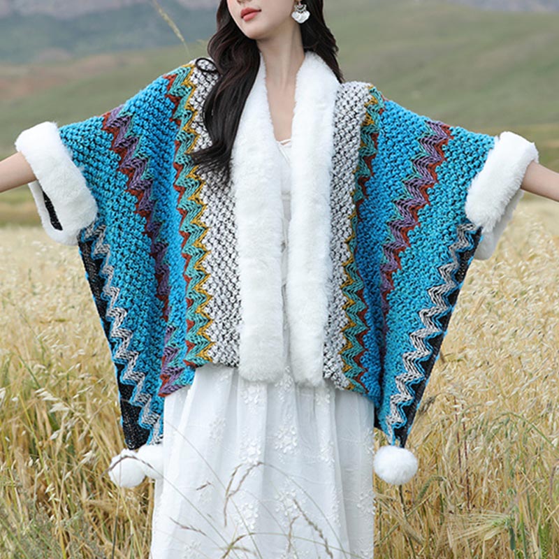 Buddha Stones Tibetan Multicolored Wavy Lines Knitted Striped Shawl Coat Winter Cozy Travel Scarf Wrap