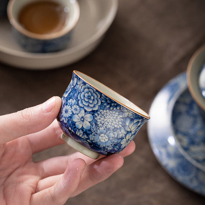 Buddha Stones Vintage Lotus Peony Plum Blossom Chrysanthemum Ceramic Teacup Tea Cups