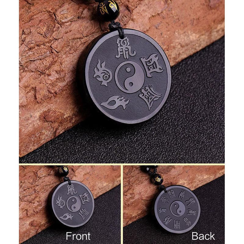 Buddha Stones Natural Black Obsidian Taoism Five Sacred Mountains Nine-Character Mantra Carved Strength Yin Yang Necklace Pendant Key Chain