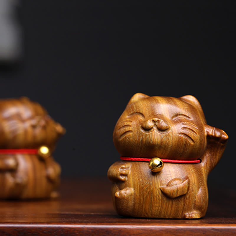 Buddha Stones Green Sandalwood Small Mini Cute Lucky Cat Peace Decorations