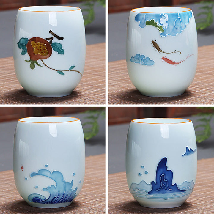 Buddha Stones Koi Fish Lotus Landscape Dandelion Peony Flower Ceramic Teacup Kung Fu Tea Cup