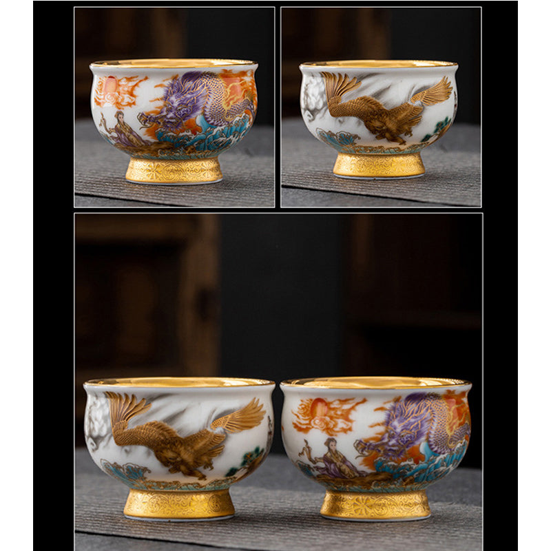 Buddha Stones Golden Eagle Auspicious Dragon Sun Ocean Waves Gilt Ceramic Teacup Kung Fu Tea Cup