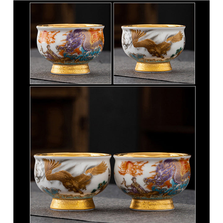 Buddha Stones Golden Eagle Auspicious Dragon Sun Ocean Waves Gilt Ceramic Teacup Kung Fu Tea Cup