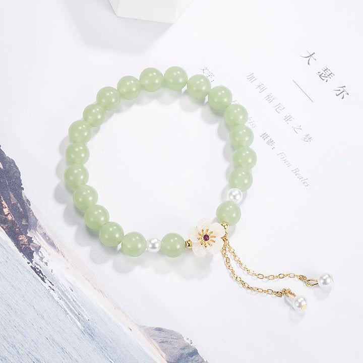 Buddha Stones Jade Peach Blossom Flower Pearl Luck Blessing Bracelet