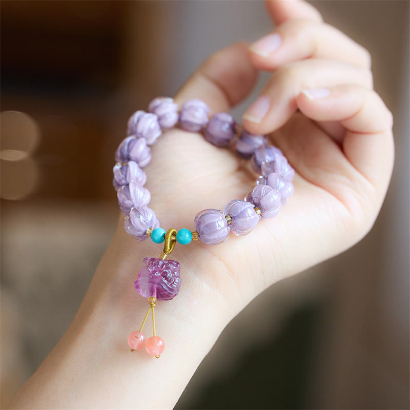 Buddha Stones Liuli Glass Bead Lotus Design Fluorite Ivory Fruit Dancing Lion Charm Enlightenment Bracelet