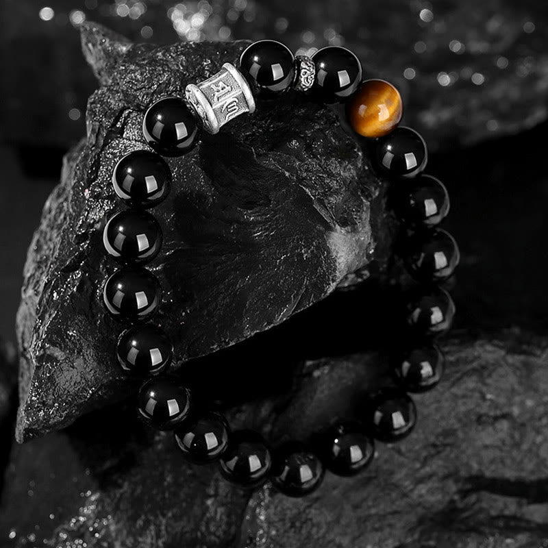 Buddha Stones 999 Sterling Silver Black Obsidian Tiger Eye Om Mani Padme Hum Fulfillment Bracelet