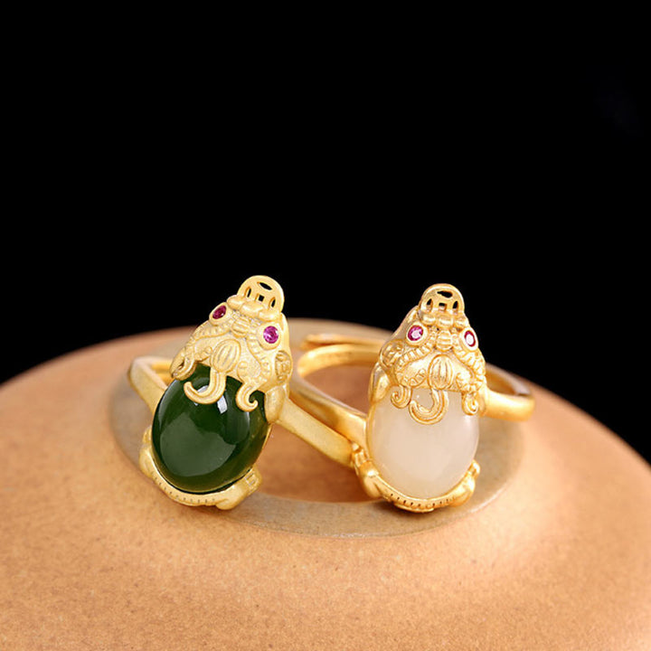 Buddha Stones 18k Gold-plated Pixiu Jade Wealth Ring