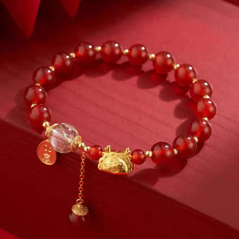 Buddha Stones Year of the Dragon Dumpling Natural Red Agate Garnet Hetian Jade Fu Character Luck Success Bracelet