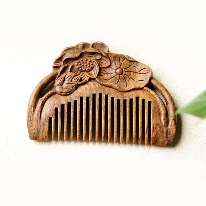 Natural Green Sandalwood Lotus Flower Leaf Engraved Soothing Comb