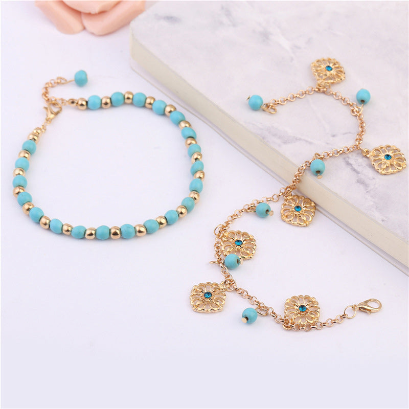 2Pcs Turquoise Stone Flower Protection Bracelet Anklet