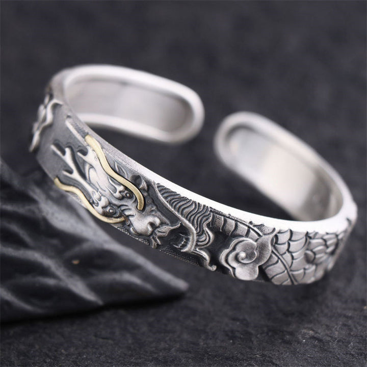 Buddha Stones 999 Sterling Silver Dragon Strength Protection Bracelet Bangle