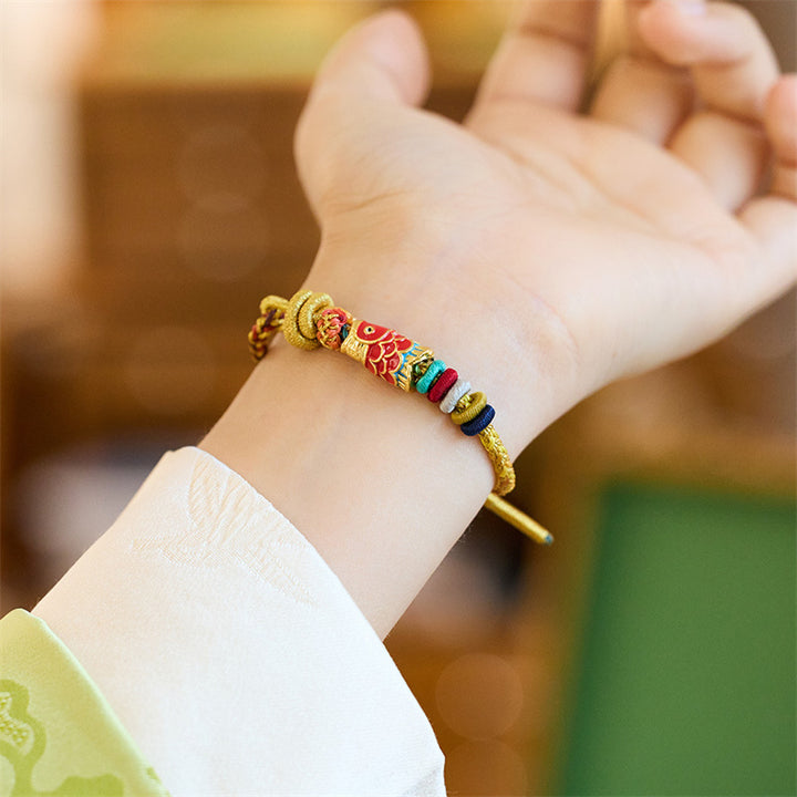 Buddha Stones Year of the Dragon Koi Fish Mahjong Dice Peach Blossoms Copper Coin Luck Braided Bracelet