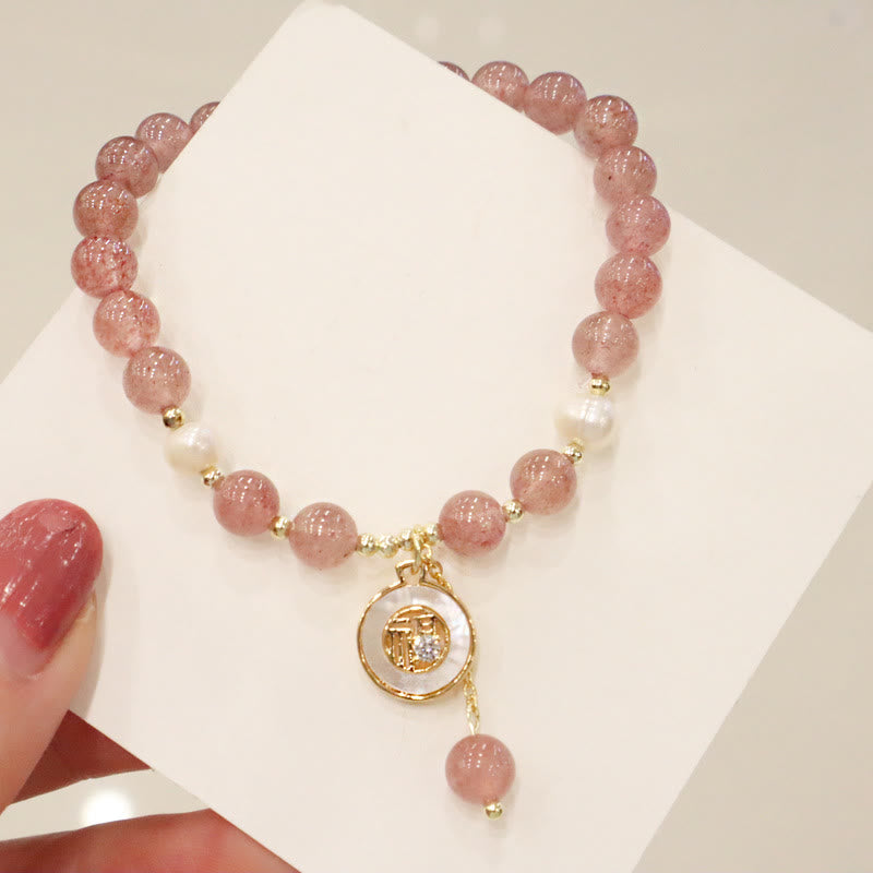 Buddha Stones Strawberry Quartz Pearl Elk Smiley Face Fishtail Fu Character Charm Healing Bracelet