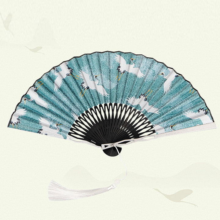 Buddha Stones Vintage Blue White Crane Pattern Handheld Silk Bamboo Folding Fan