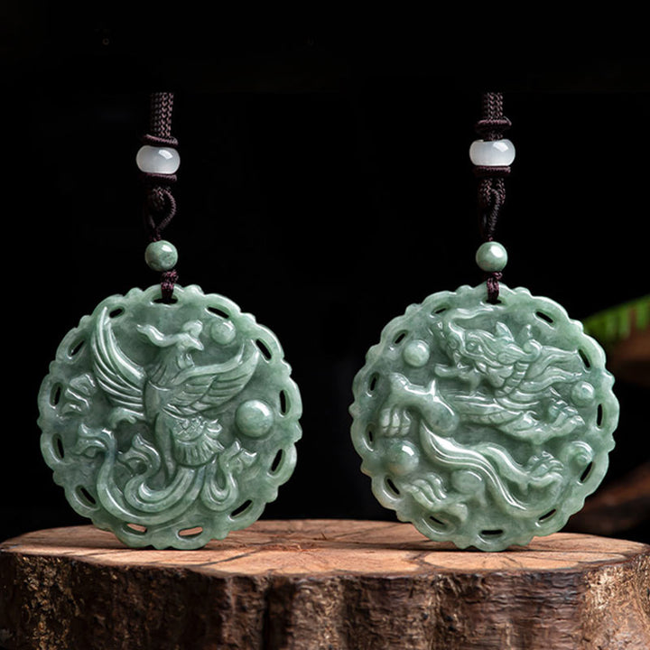 Buddha Stones Chinese Zodiac Dragon Phoenix Round Jade Luck Necklace String Pendant