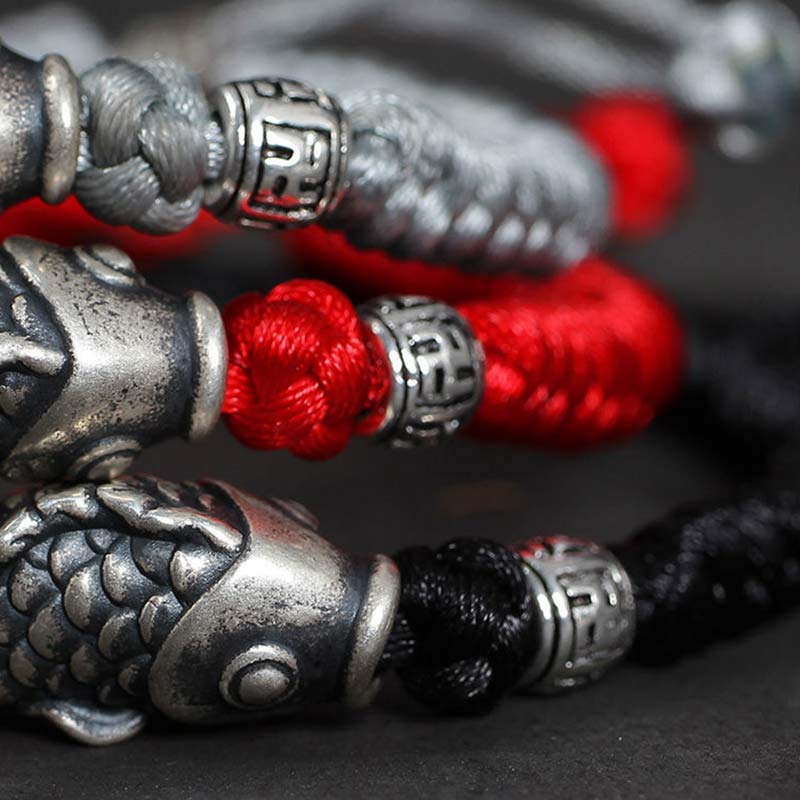 Buddha Stones Silver Luck Koi Fish Braided String Bracelet