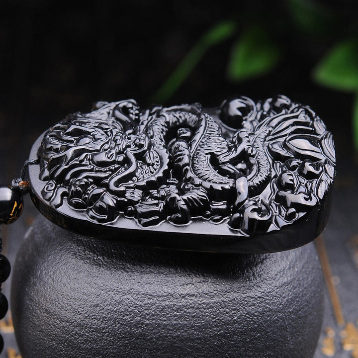 Buddha Stones Black Obsidian Stone Dragon Fulfilment Pendant Necklace