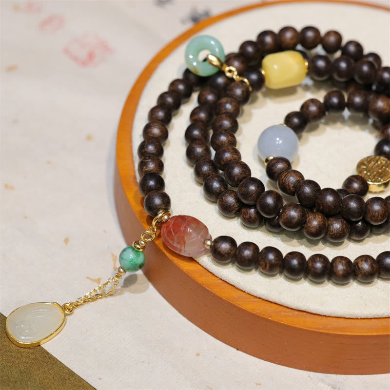 Buddha Stones 108 Mala Beads Brunei Agarwood Amber Red Agate Peace Buckle Jade Peace Bracelet