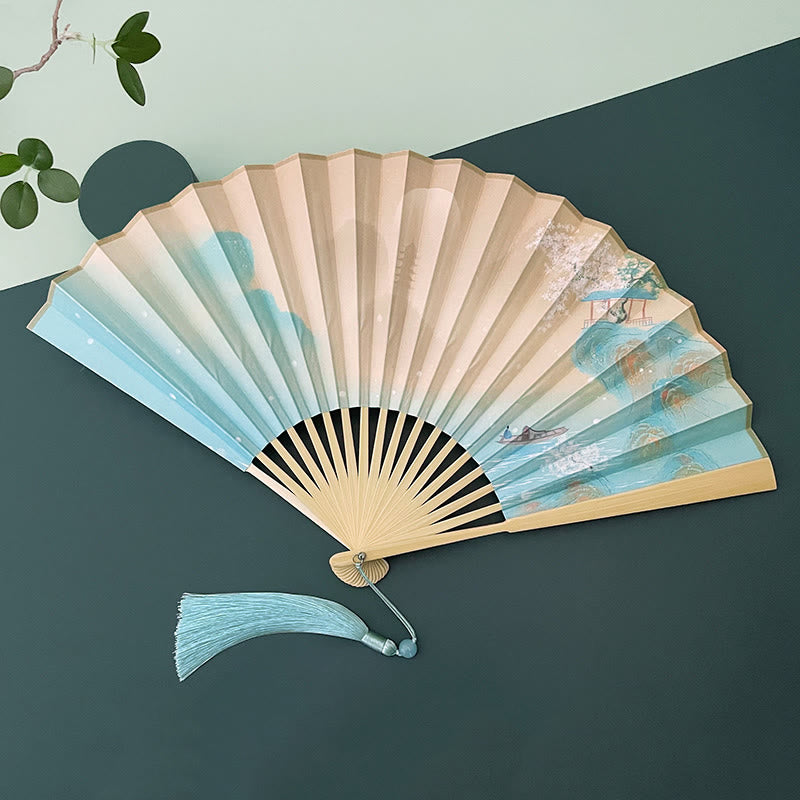 Buddha Stones Retro Lotus Flower Leaf Mountain Lake Handheld Folding Fan With Bamboo Frames