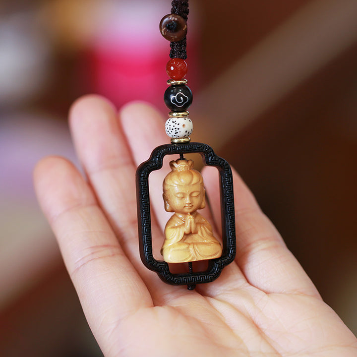 Buddha Stones Avalokitesvara Kwan Yin Bodhisattva Buddha Wealth Boxwood Key Chain