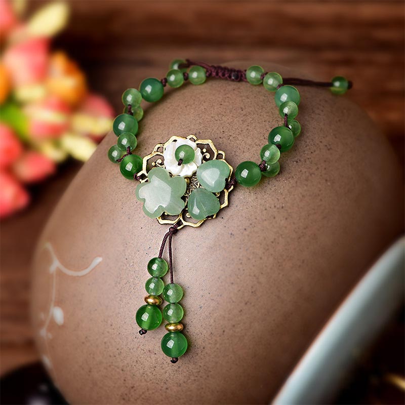 Buddha Stones Natural Green Jade Luck Dangling Flower Bracelet