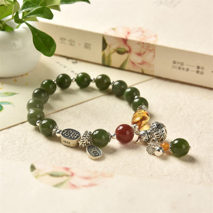 925 Sterling Silver Hetian Cyan Jade Gourd Amber Success Bracelet