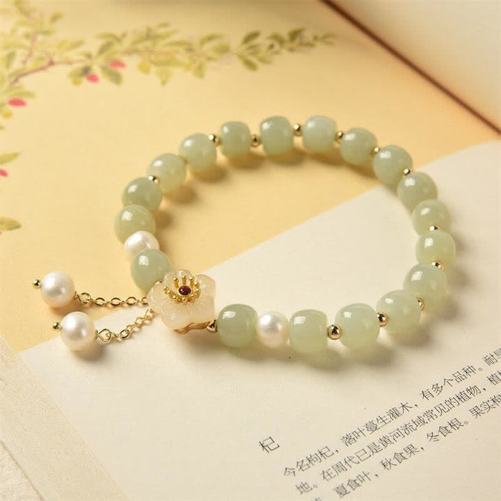 Hetian Jade Flower Pearl Happiness Abundance Bracelet