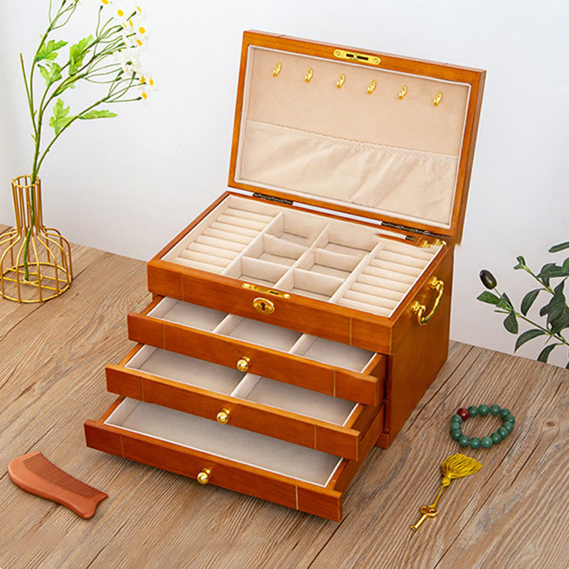 Buddha Stones Retro Solid Wood Jewelry Box Four-Layer Wooden Jewelry Storage Box