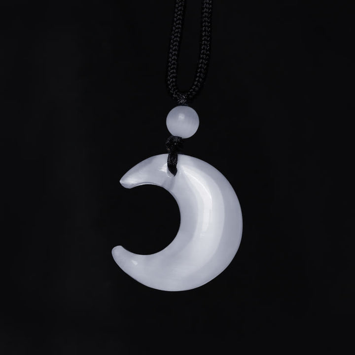 Buddha Stones Natural Silver Sheen Obsidian Selenite Crystal Crescent Moon Yin Yang Couple Protection Necklace Pendant